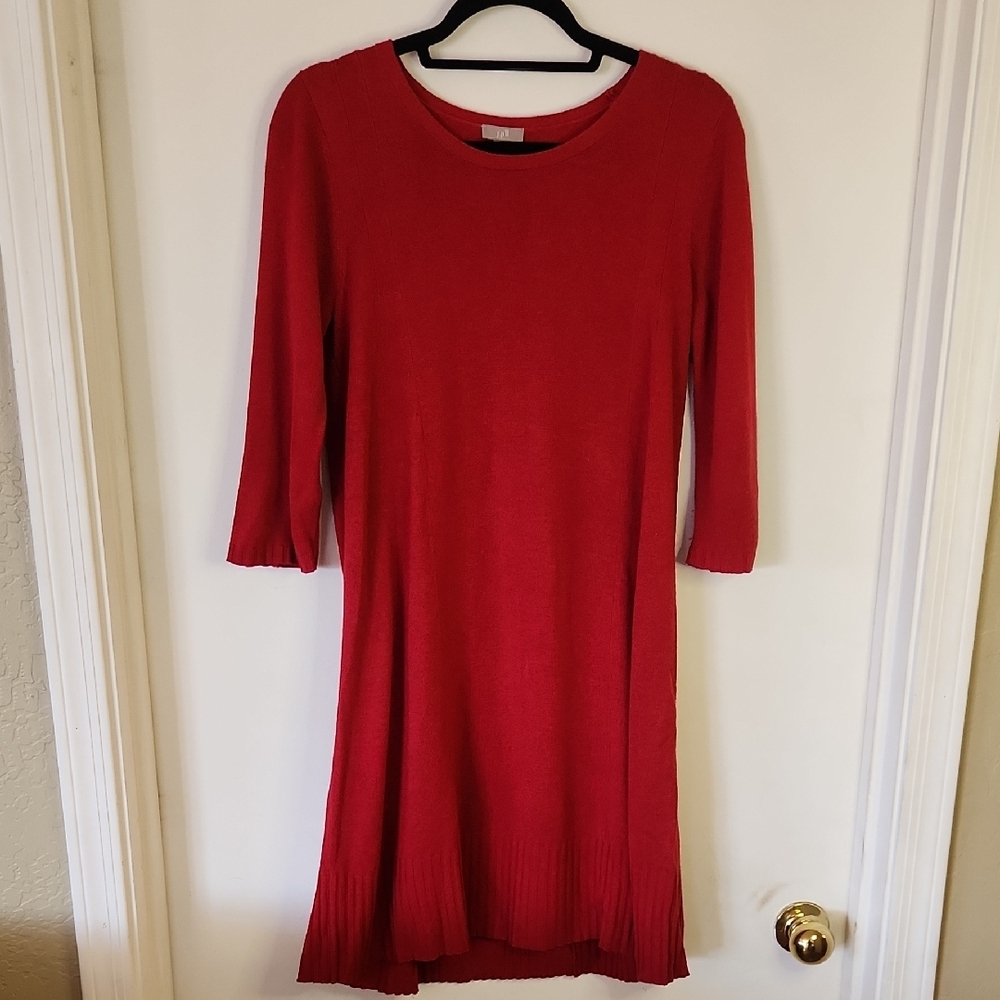 J. Jill Red Sheath Midi Dress with Crew Neck and 3/4 Sleeves